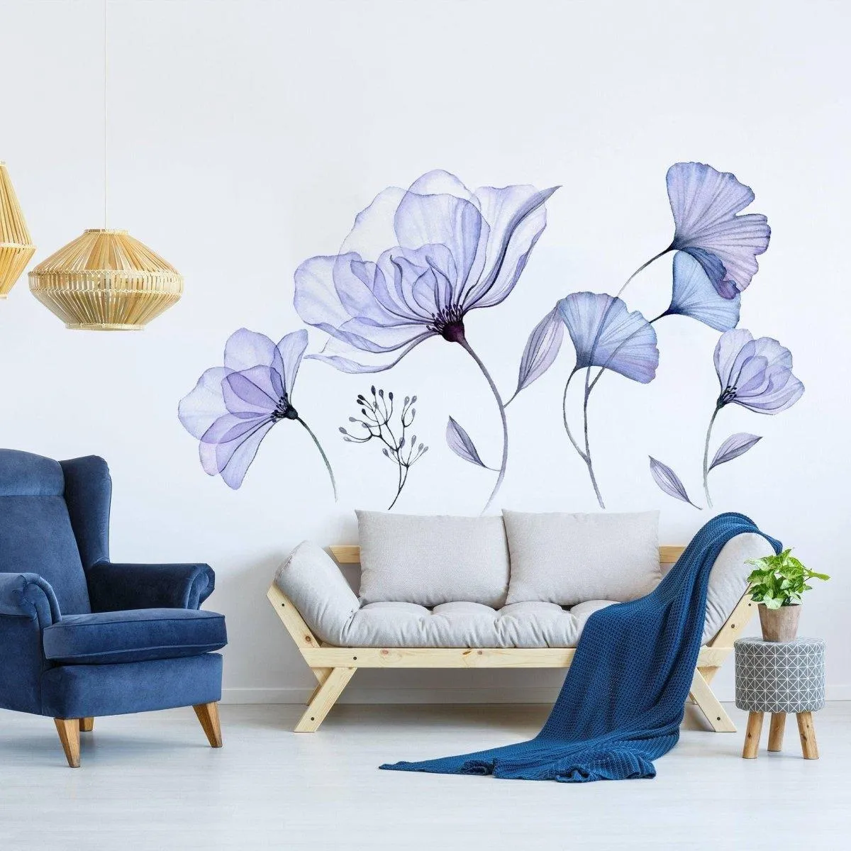 3D Blue Blossom Wall Decal - Elegant Floral Vinyl Sticker Mural