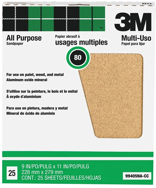 3M 99405 Sandpaper Sheet, 11 in L, 9 in W, Medium, 80 Grit, Aluminum Oxide Abrasive, Paper Backing :PK 25: QUANTITY: 1