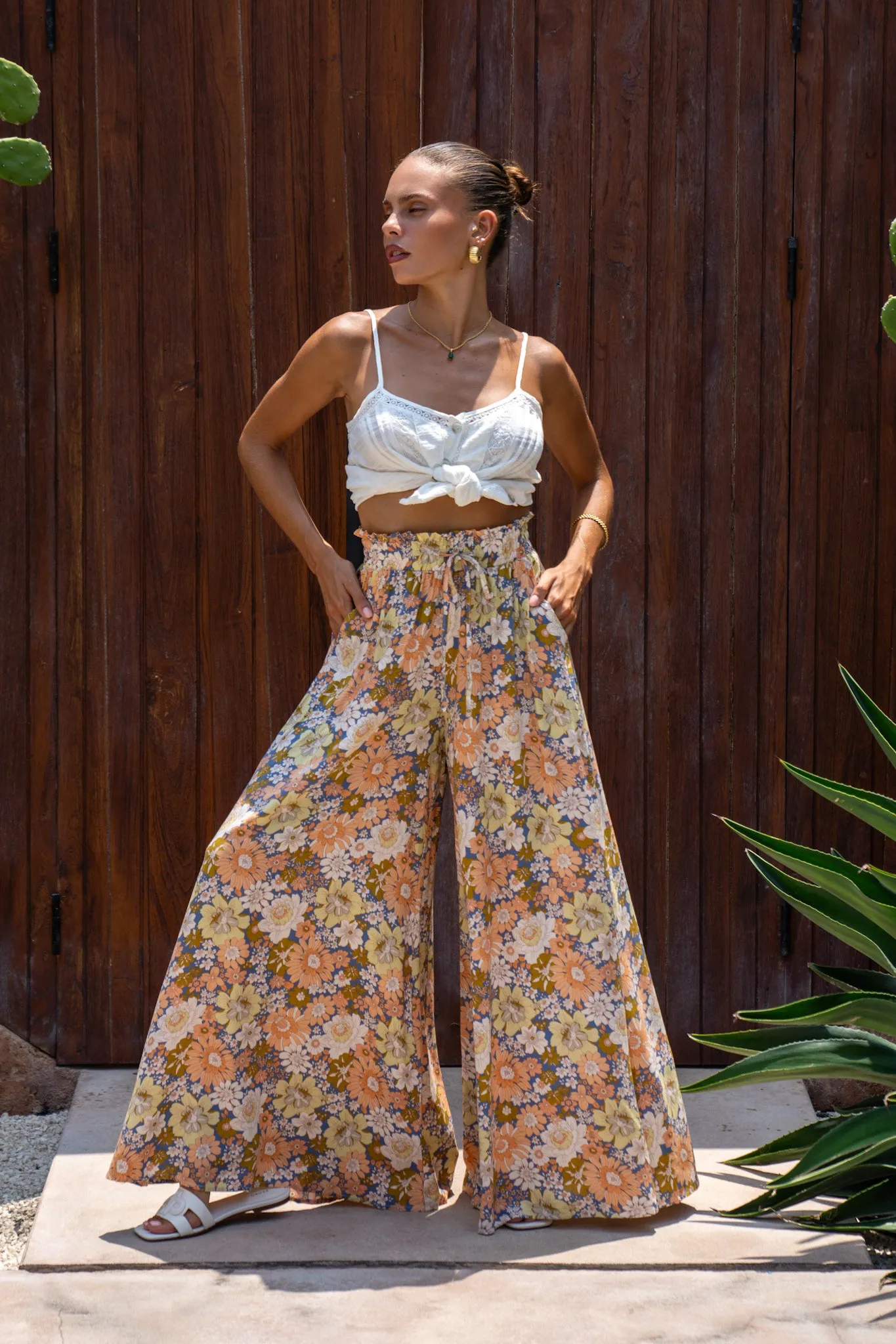 Aurelie Orange Blue Floral Wide Leg Pants