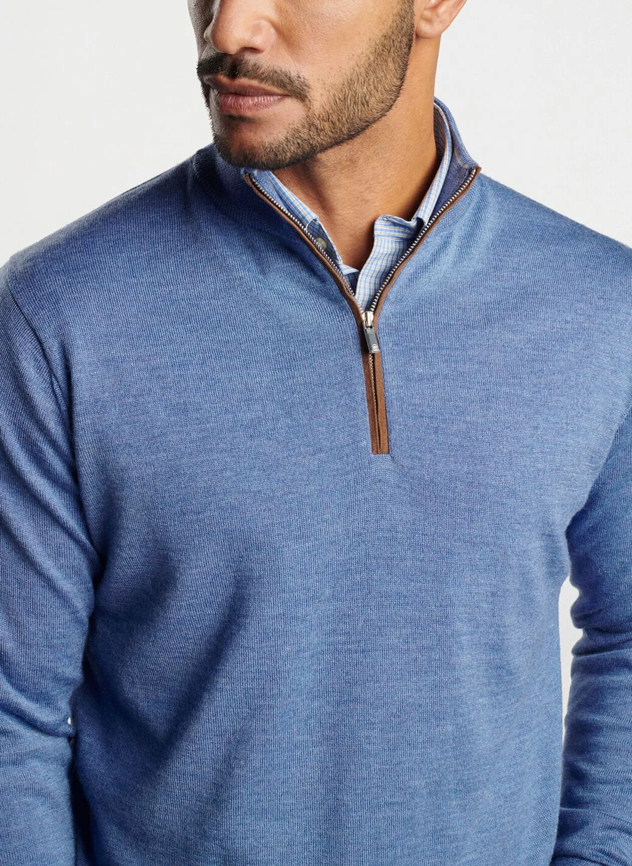 Autumn Crest Suede Trim Quarter-Zip in Regatta Blue by Peter Millar