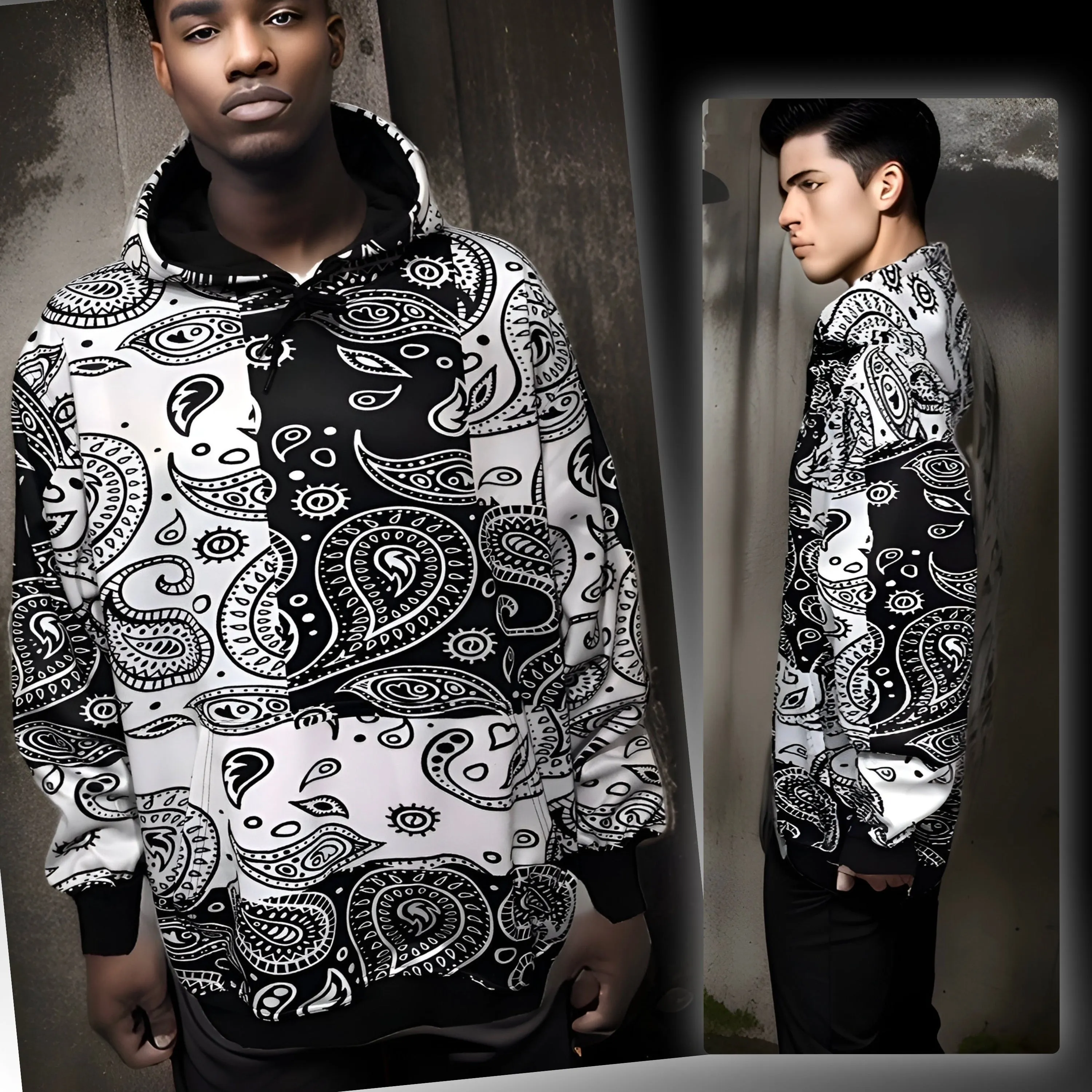 ^BANDANA^ PULLOVER HOODIES ~BLACK-WHITE PAISLEY~ (FLEECY SOFT LINED)