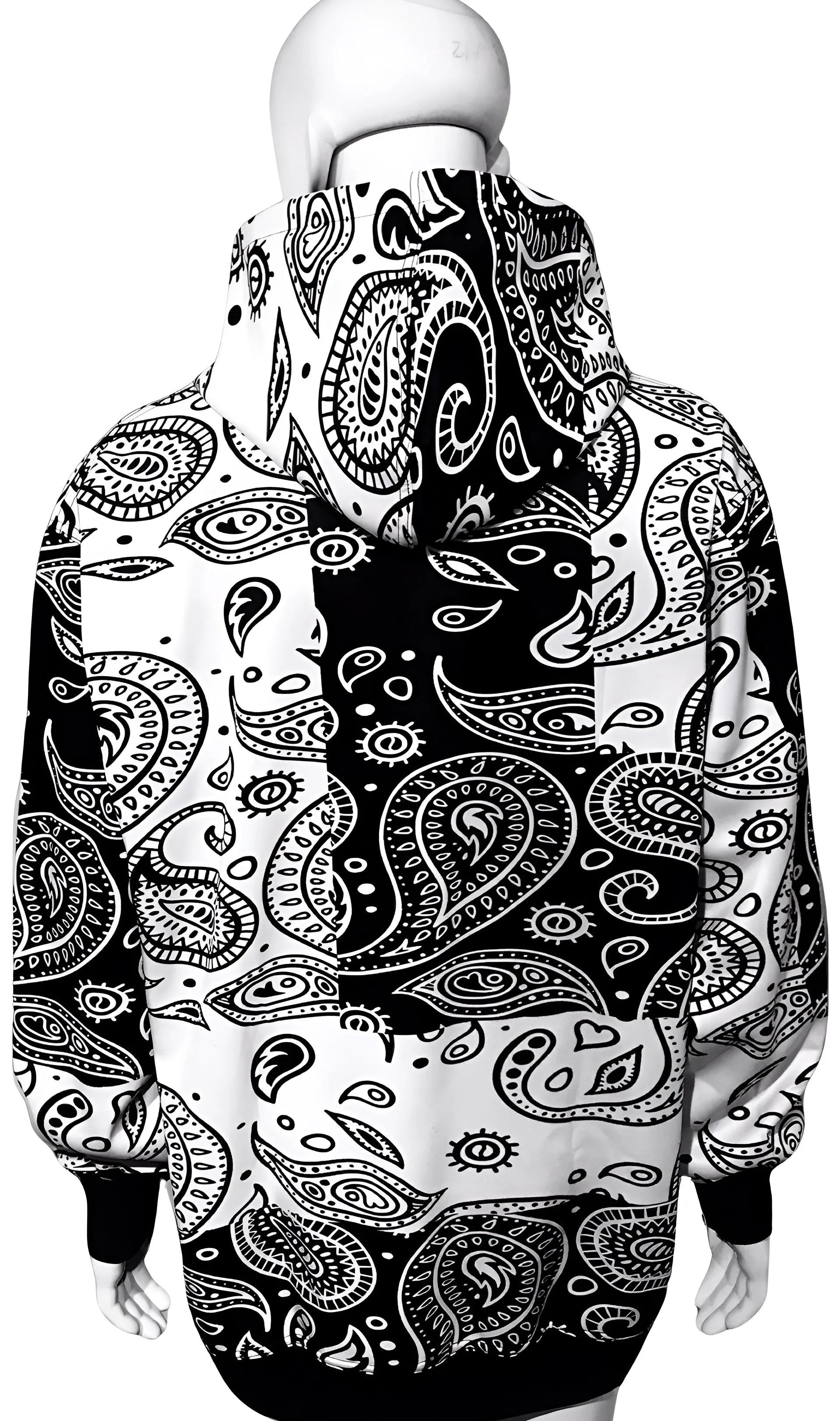 ^BANDANA^ PULLOVER HOODIES ~BLACK-WHITE PAISLEY~ (FLEECY SOFT LINED)