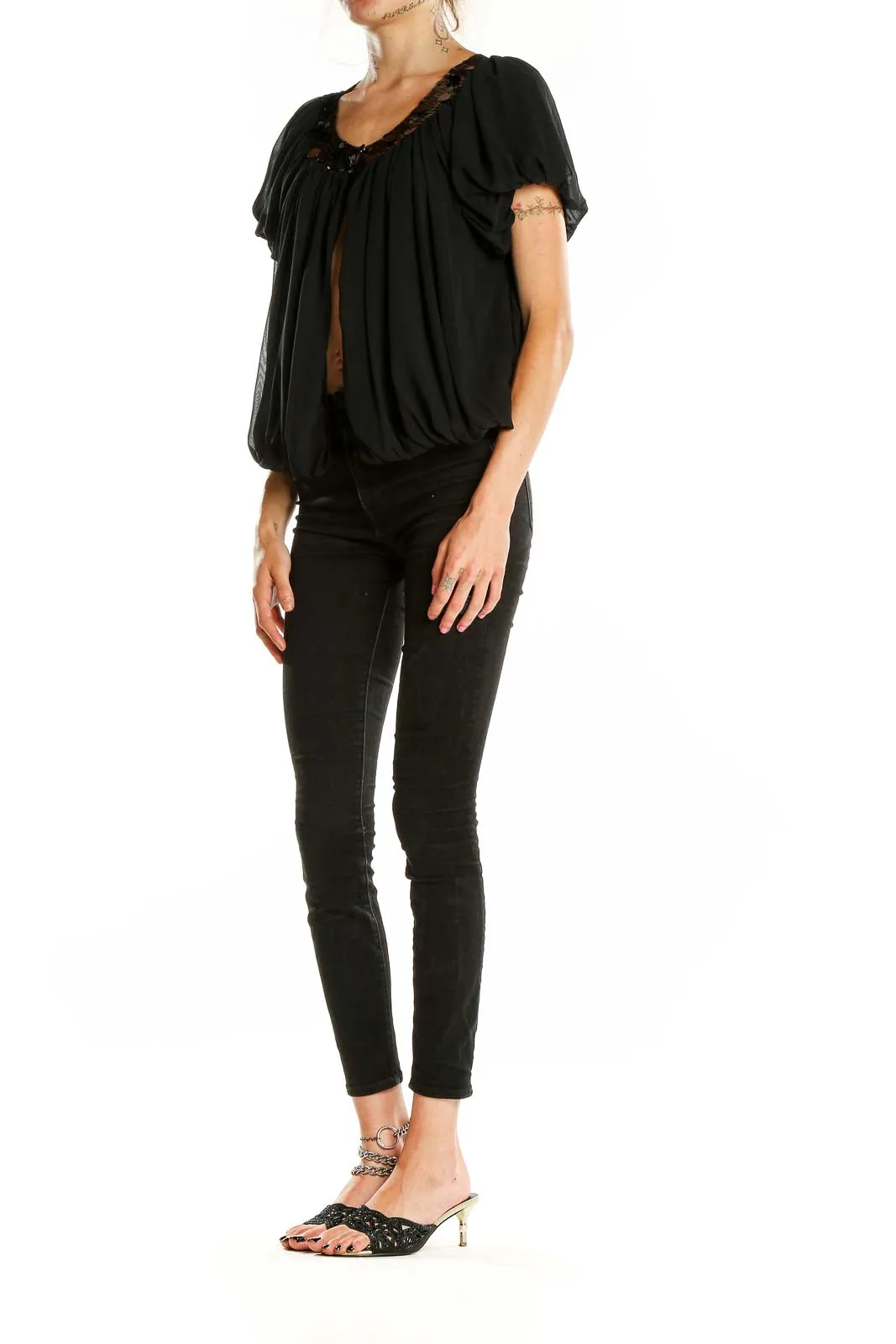 Black Flowy Open-Front Cardigan Top