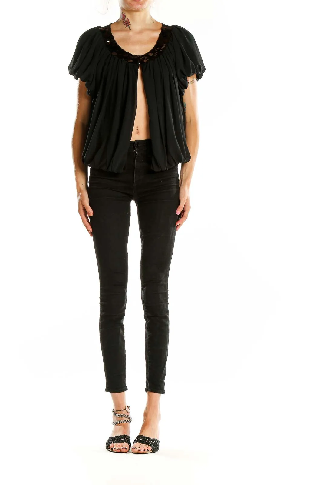 Black Flowy Open-Front Cardigan Top