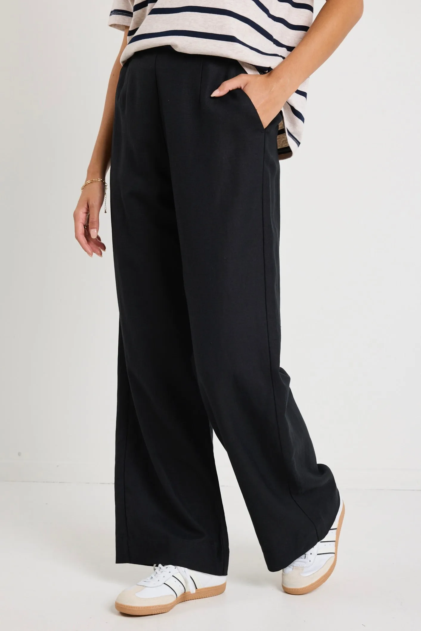 Boulevard Black Linen Viscose Wide Leg Pants