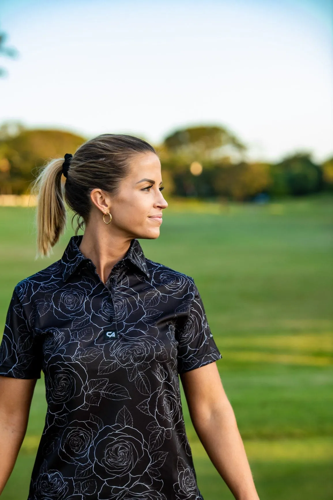 CA Ladies Funky Golf Shirt | Black/White Roses