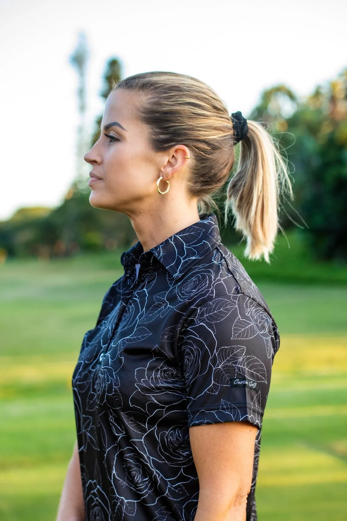 CA Ladies Funky Golf Shirt | Black/White Roses