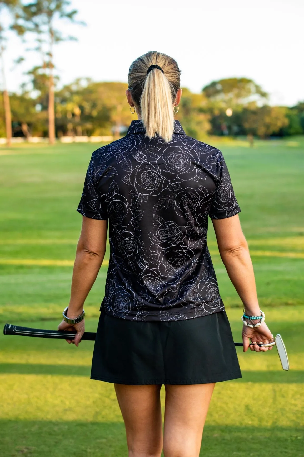 CA Ladies Funky Golf Shirt | Black/White Roses