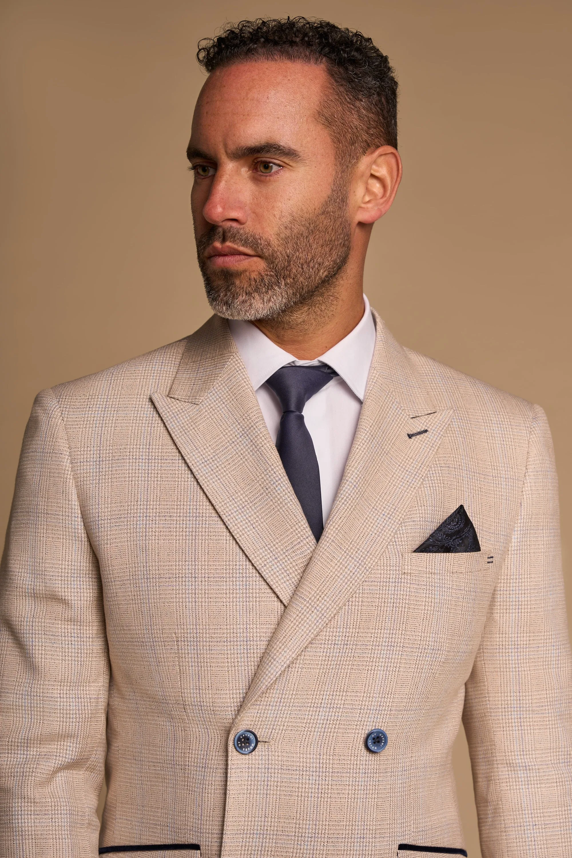 Caridi Beige Check Double Breasted Two Piece Suit