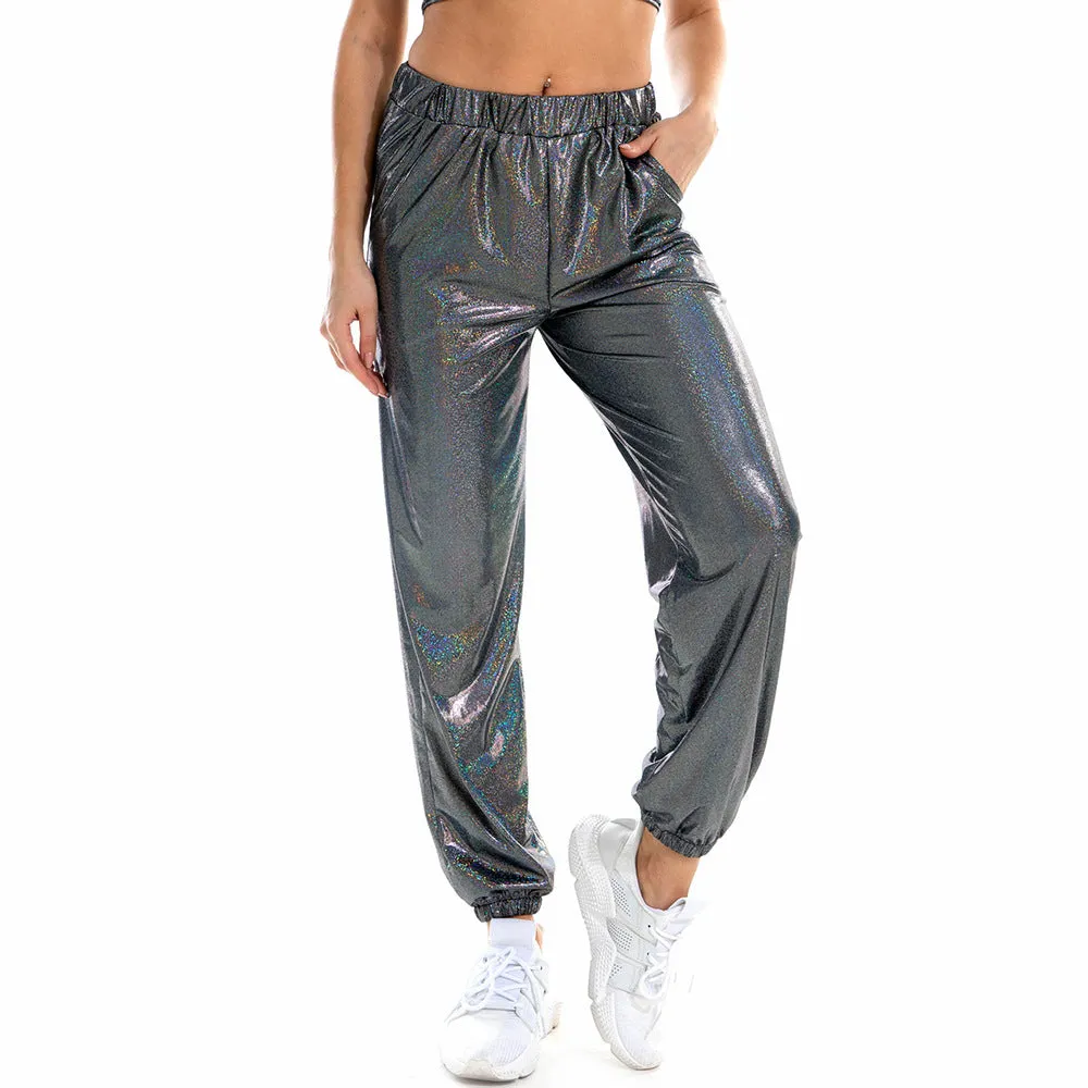 Casual Hanging Dye Shiny Breathable Elastic Waist Hip-Hop Pants Wholesale Womens Clothing