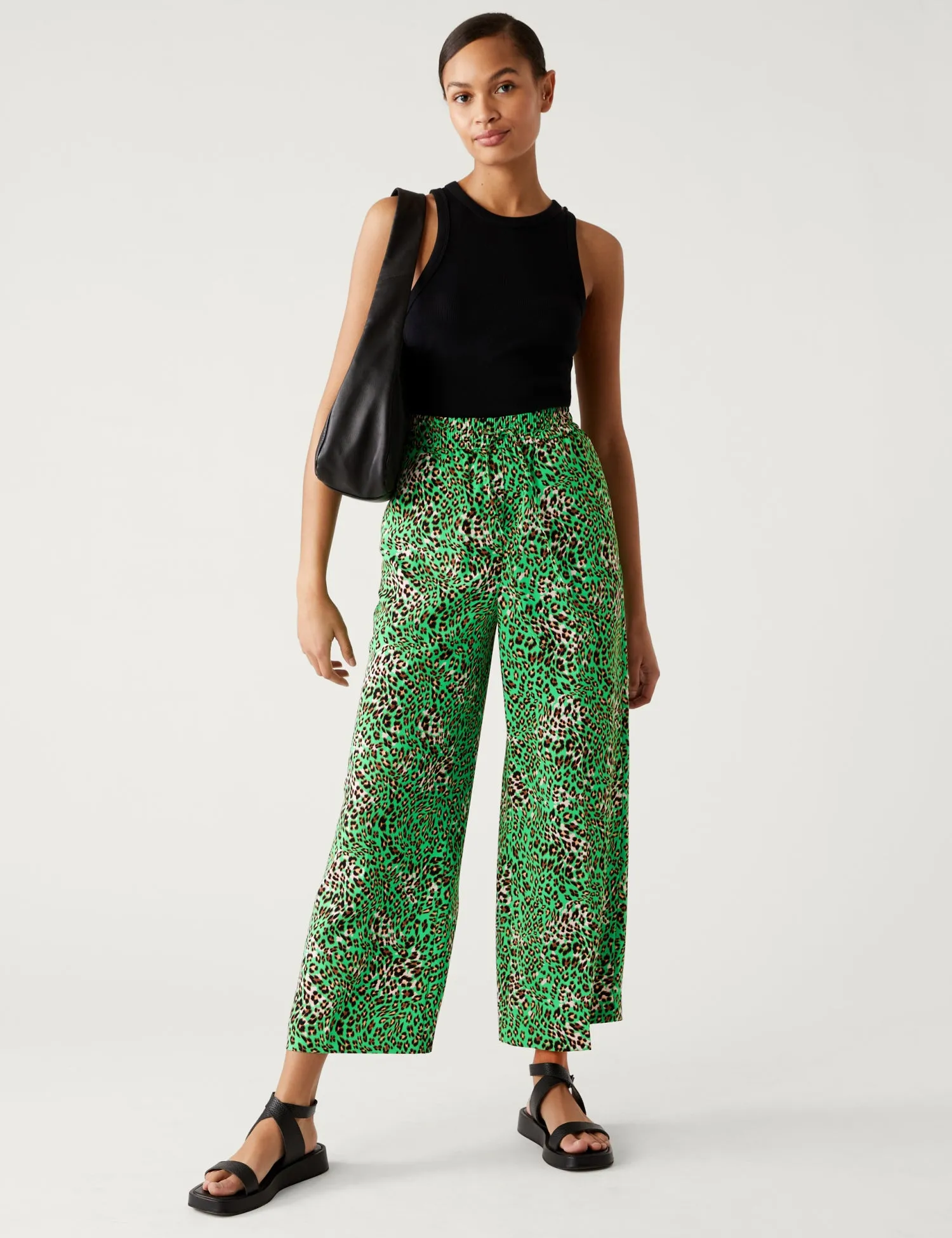 Crepe Animal Print Wide Leg Cropped Trousers