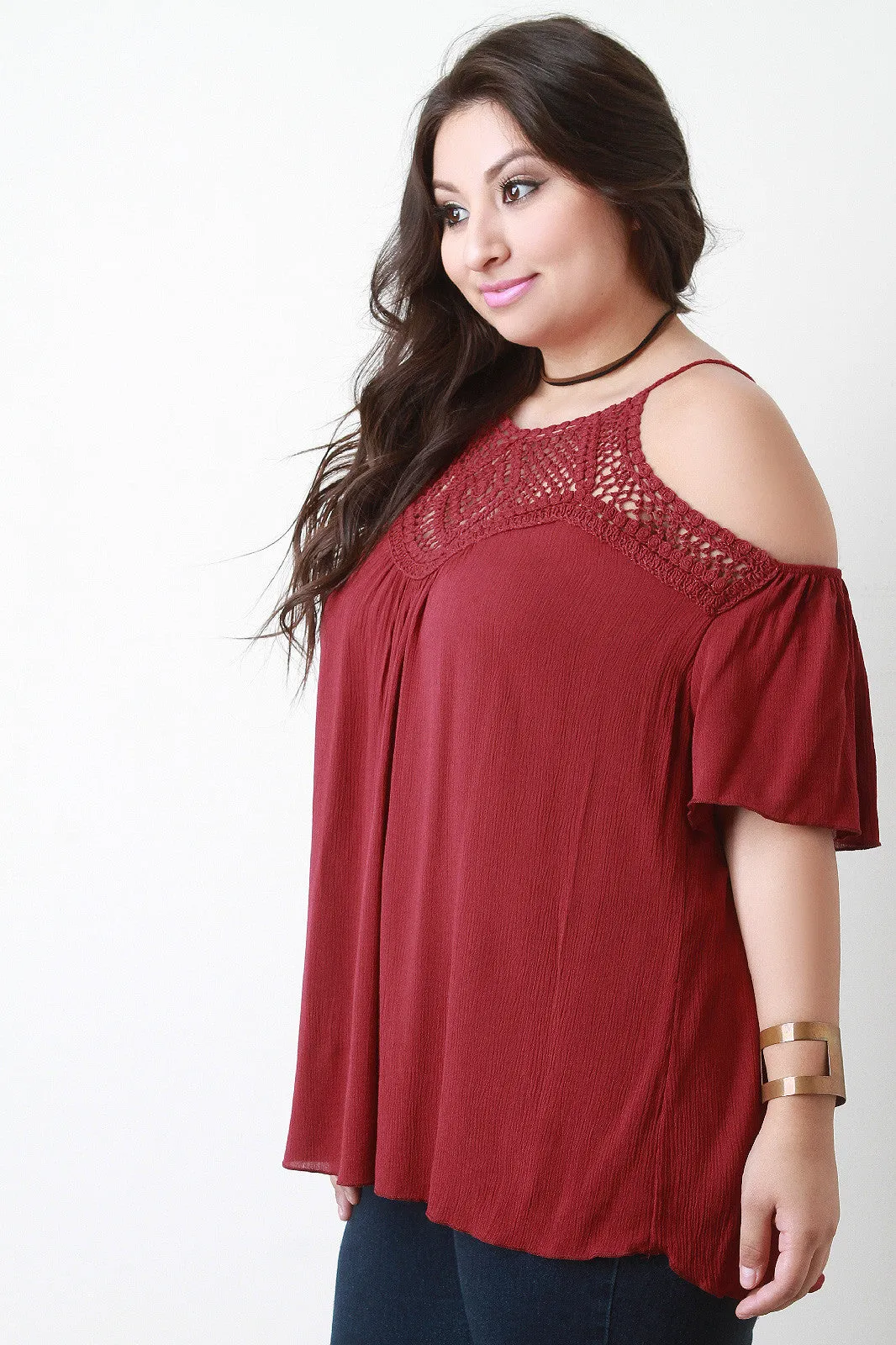 Crochet Yoke Cold Shoulder Flowy Top