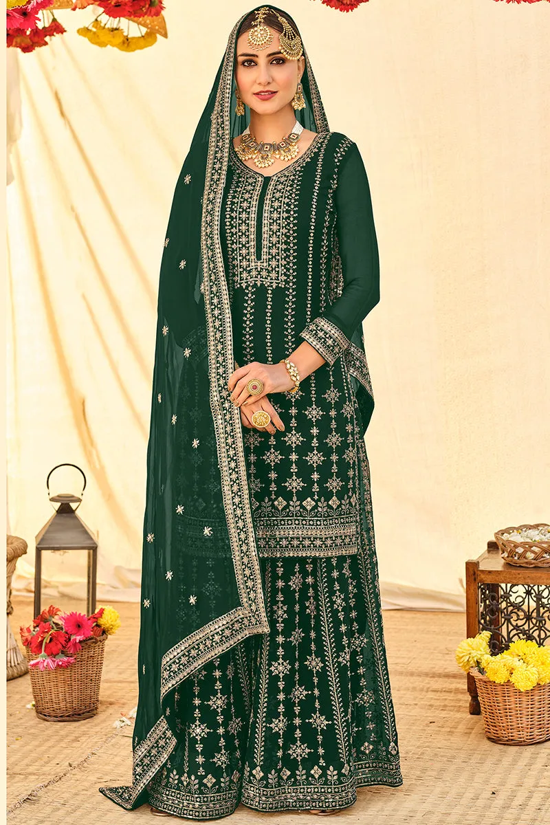 Elegant Green All Over Embroidered Palazzo Style Suit