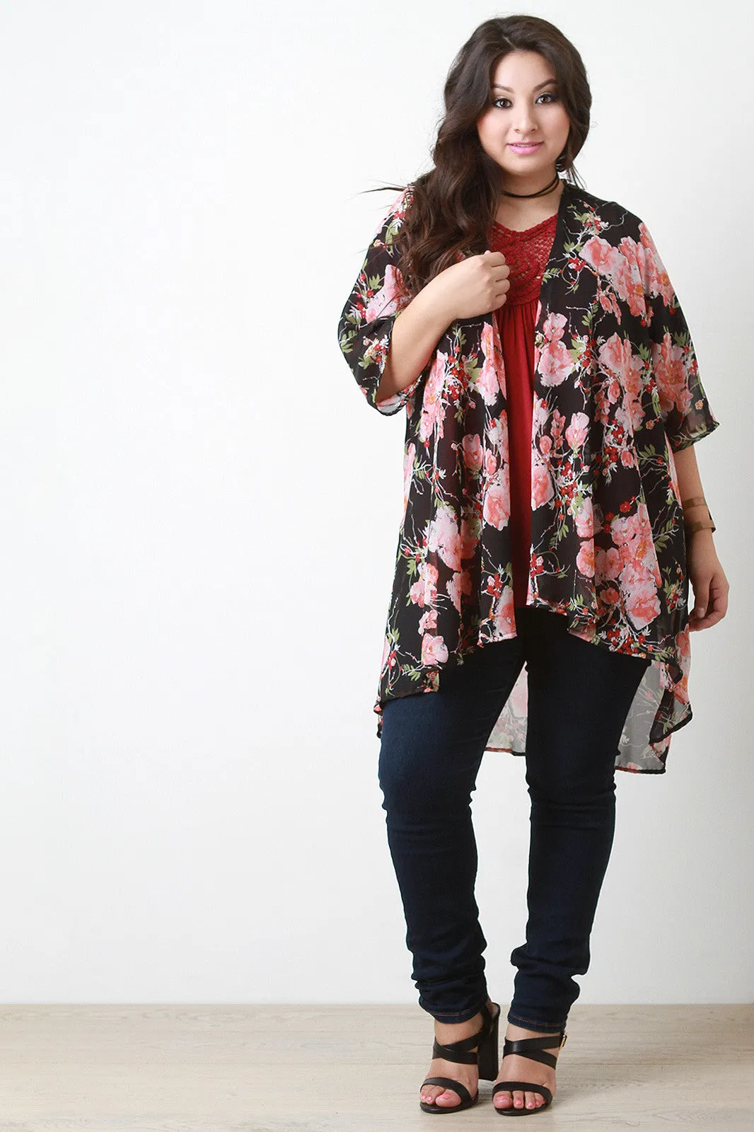 Floral Chiffon Draped Open Front Kimono Cardigan