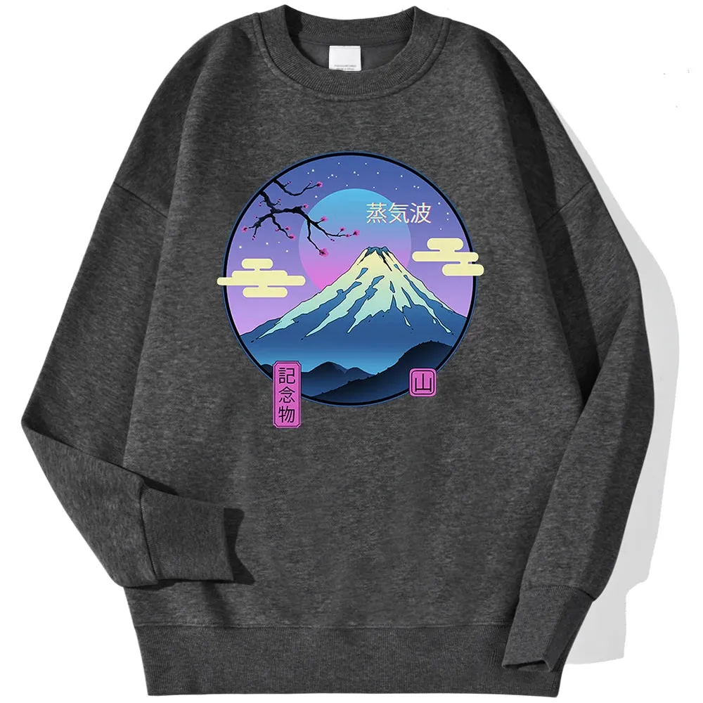 Japanese Style Mountain Printing Men'S Pullover Simple Loose Hoodies Fashion Casual Sweatshirt Hipster Soft Fleece Streetwears