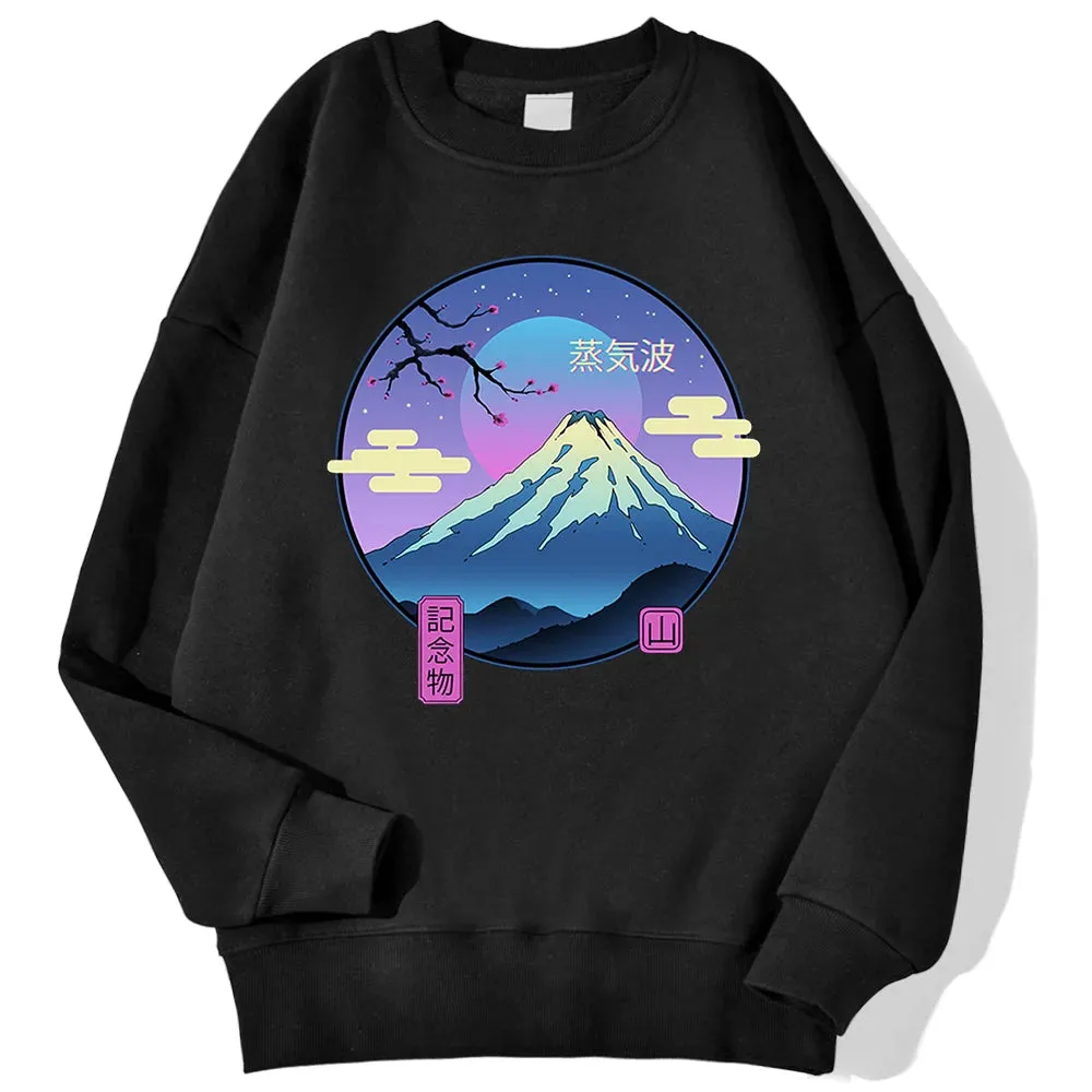 Japanese Style Mountain Printing Men'S Pullover Simple Loose Hoodies Fashion Casual Sweatshirt Hipster Soft Fleece Streetwears