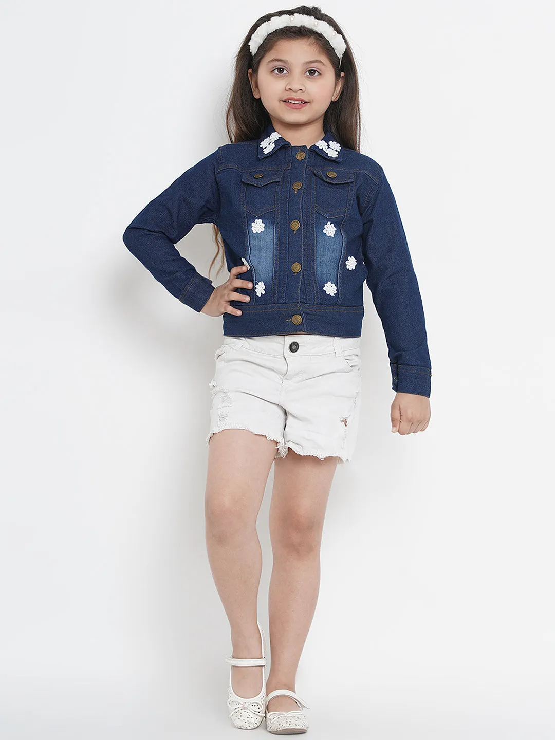 Jashvi Girls Blue Solid Lightweight Denim Jacket