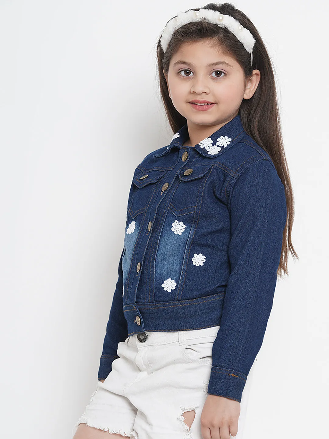 Jashvi Girls Blue Solid Lightweight Denim Jacket