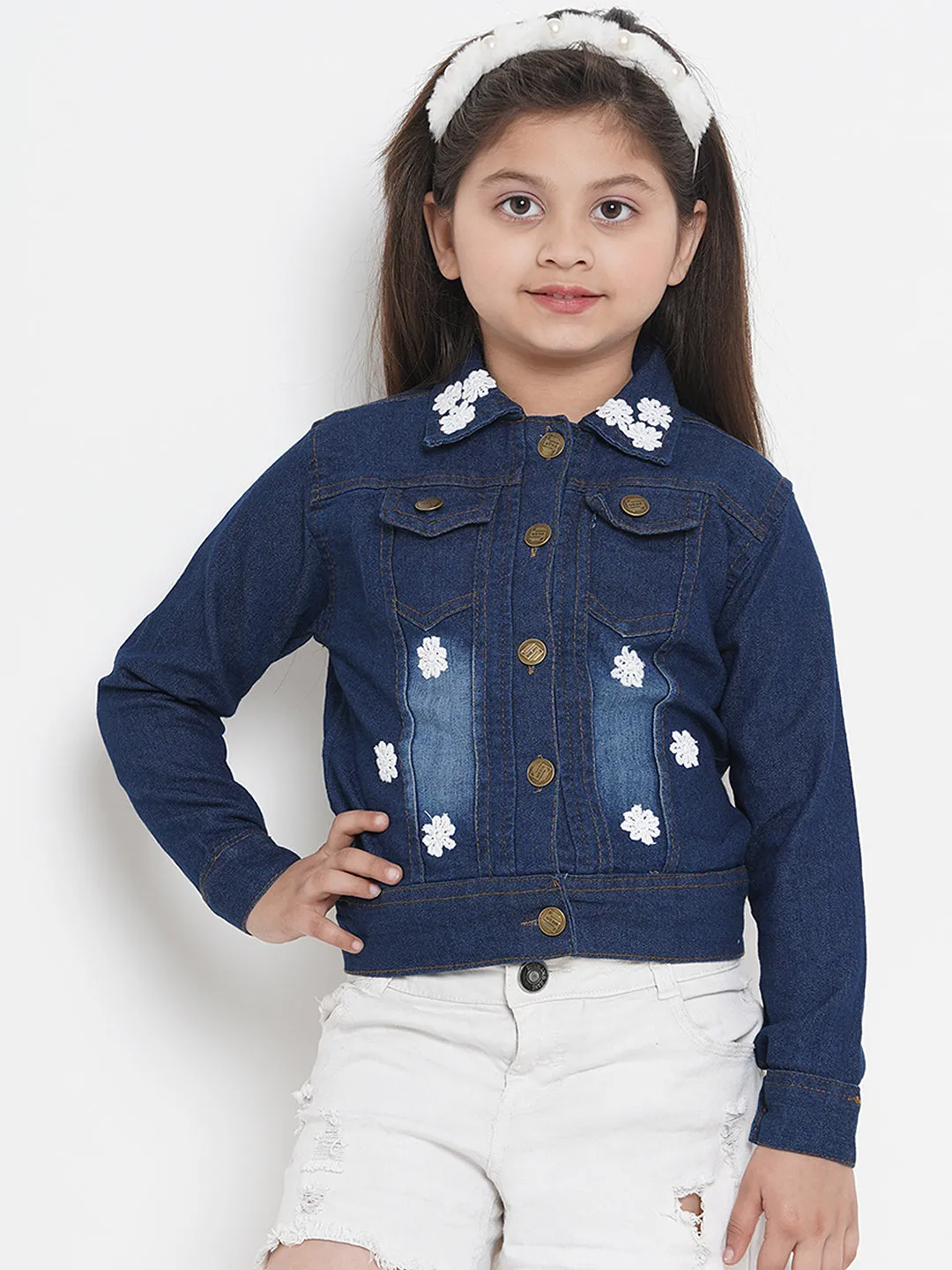 Jashvi Girls Blue Solid Lightweight Denim Jacket