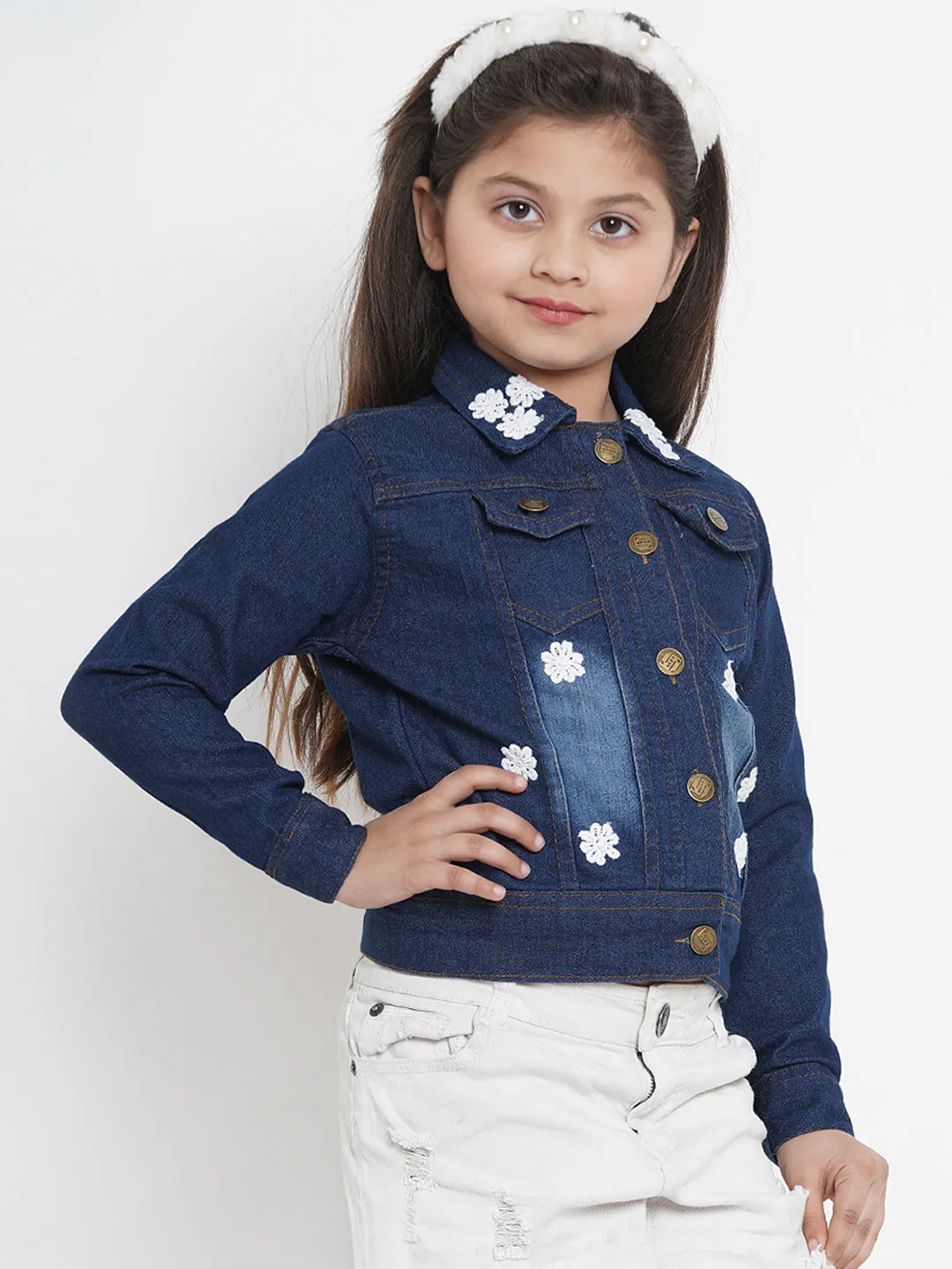 Jashvi Girls Blue Solid Lightweight Denim Jacket