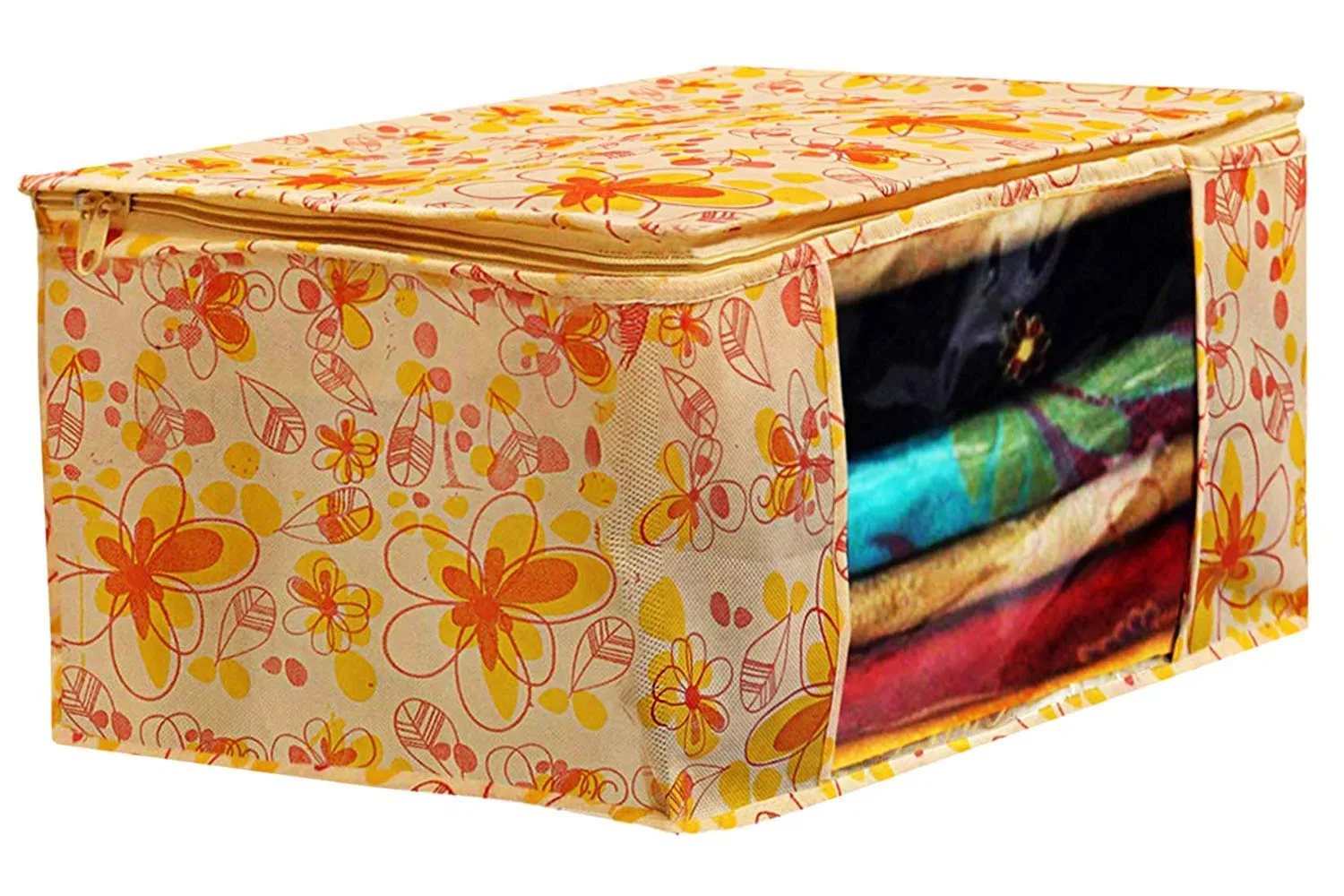 Kuber Industries Metalic & Flower Printed 4 Piece Non Woven Saree Cover and 4 Pieces Underbed Storage Bag, Storage Organiser, Blanket Cover, Pink & Blue & Ivory Red & Golden Brown -CTKTC042449