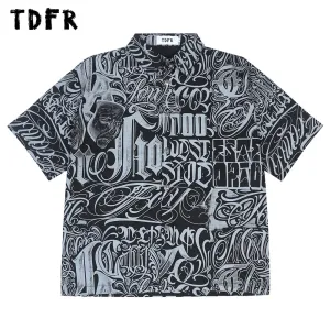 Letter Print Short Sleeve Shirts - Streetwear Loose Lapel