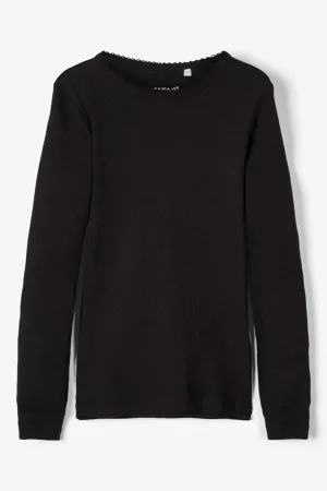 Long-sleeved Pointelle T-shirt - Black