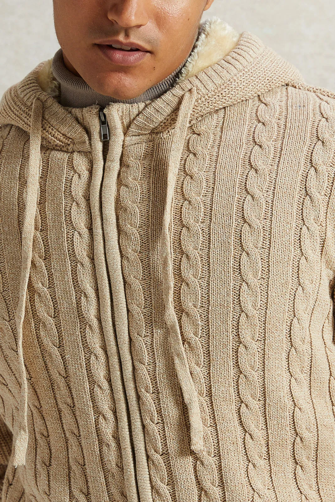 Men Beige Knitted Zip Thru Hoody With Faux Fur Lining