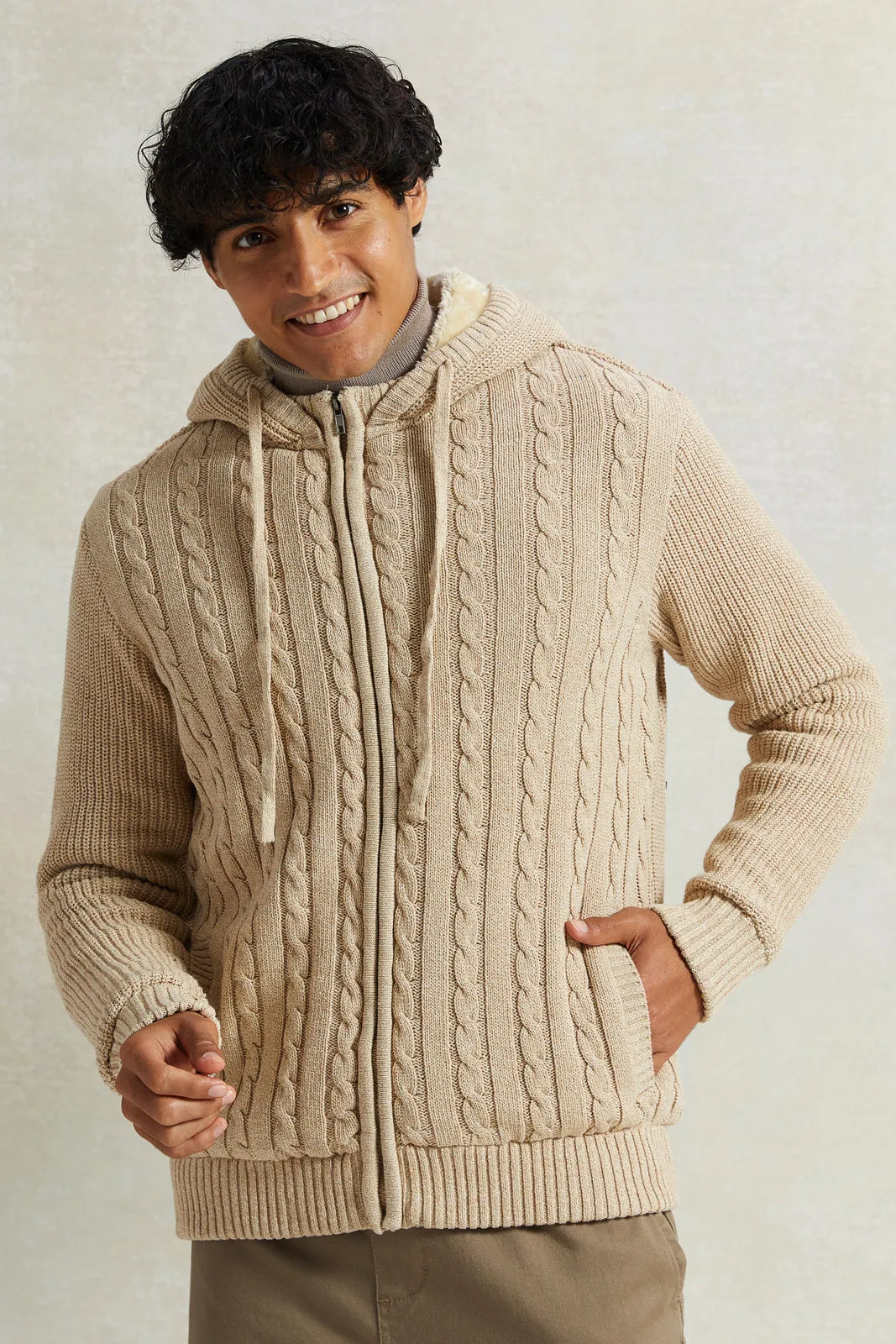 Men Beige Knitted Zip Thru Hoody With Faux Fur Lining