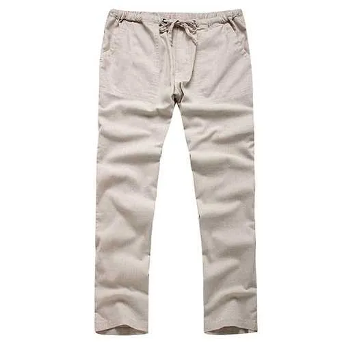 Mens Breathable Cotton Linen Casual Drawstring Pants