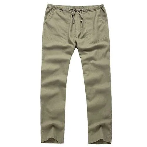 Mens Breathable Cotton Linen Casual Drawstring Pants