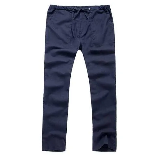 Mens Breathable Cotton Linen Casual Drawstring Pants