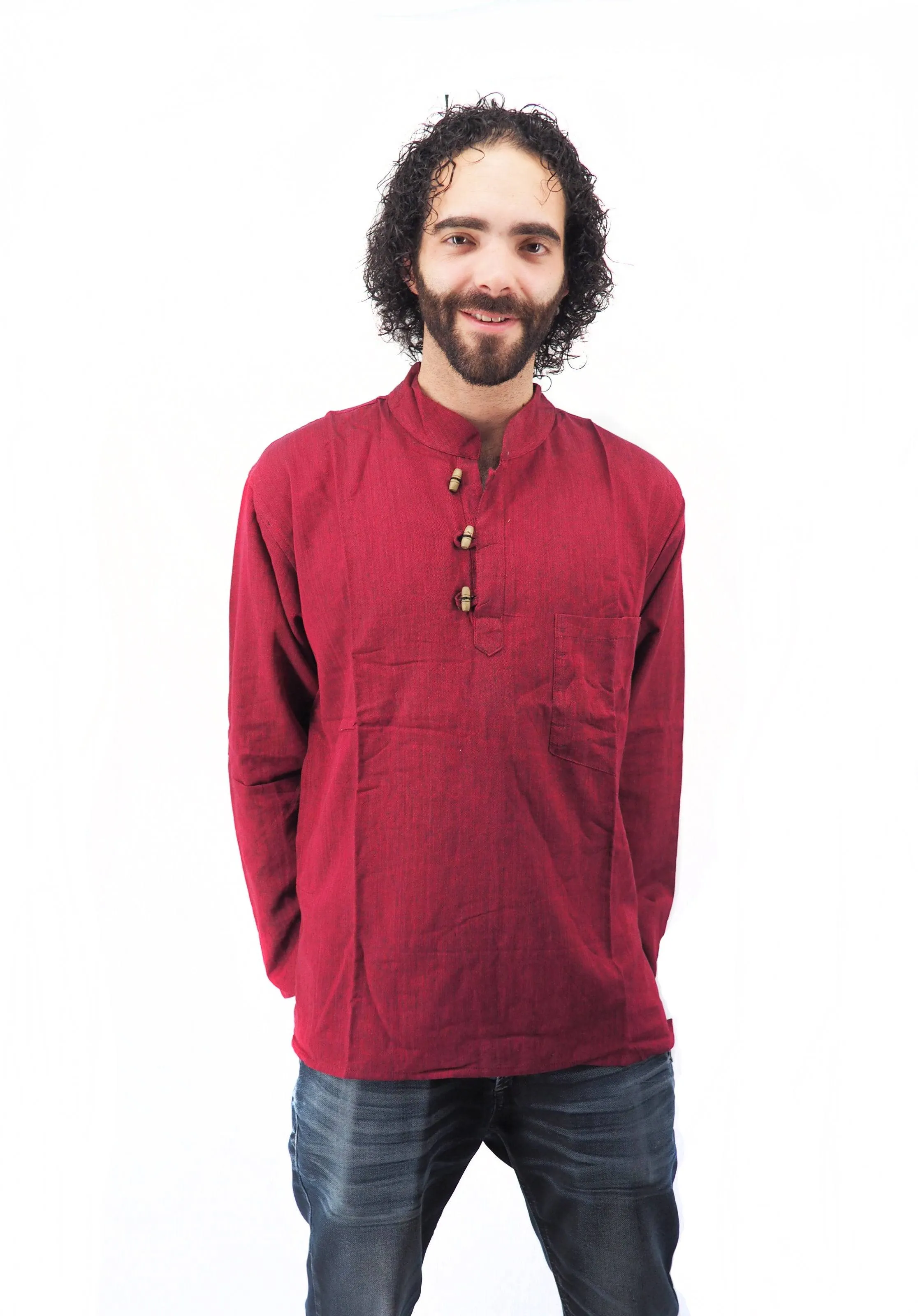 Men's Handmade Casual Boho Cotton Shirt Size S-M-L-XL Burgundy