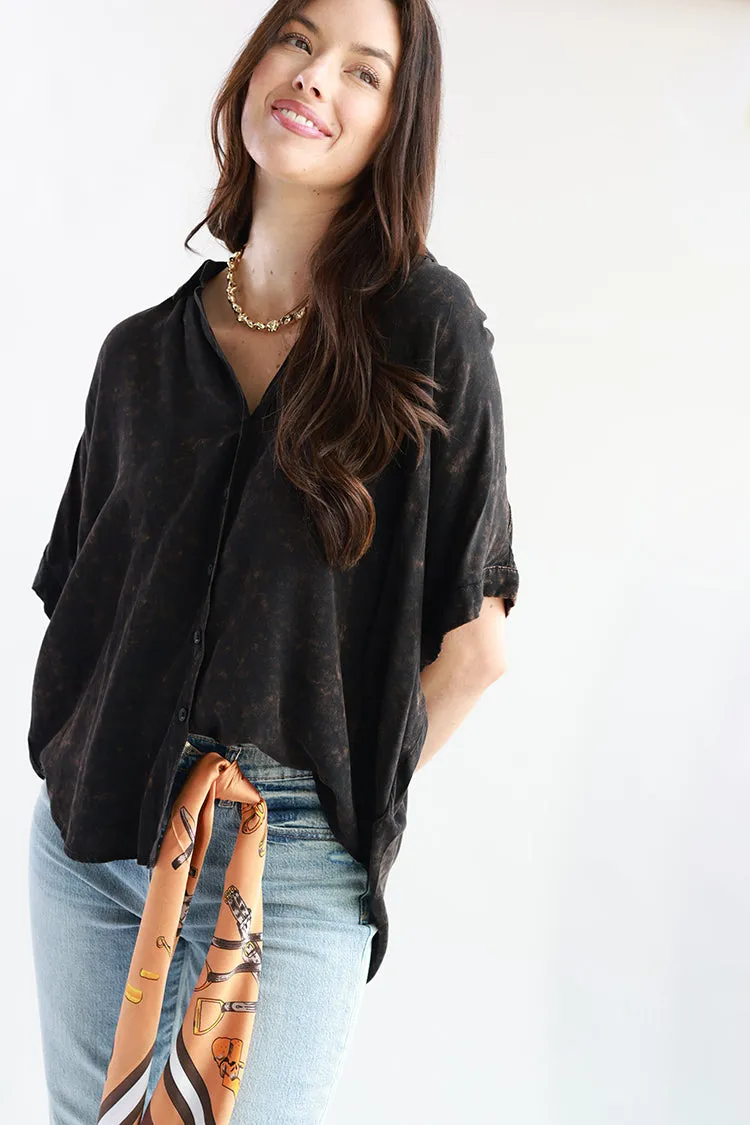 Mineral Washed Black Short Sleeve Blouse