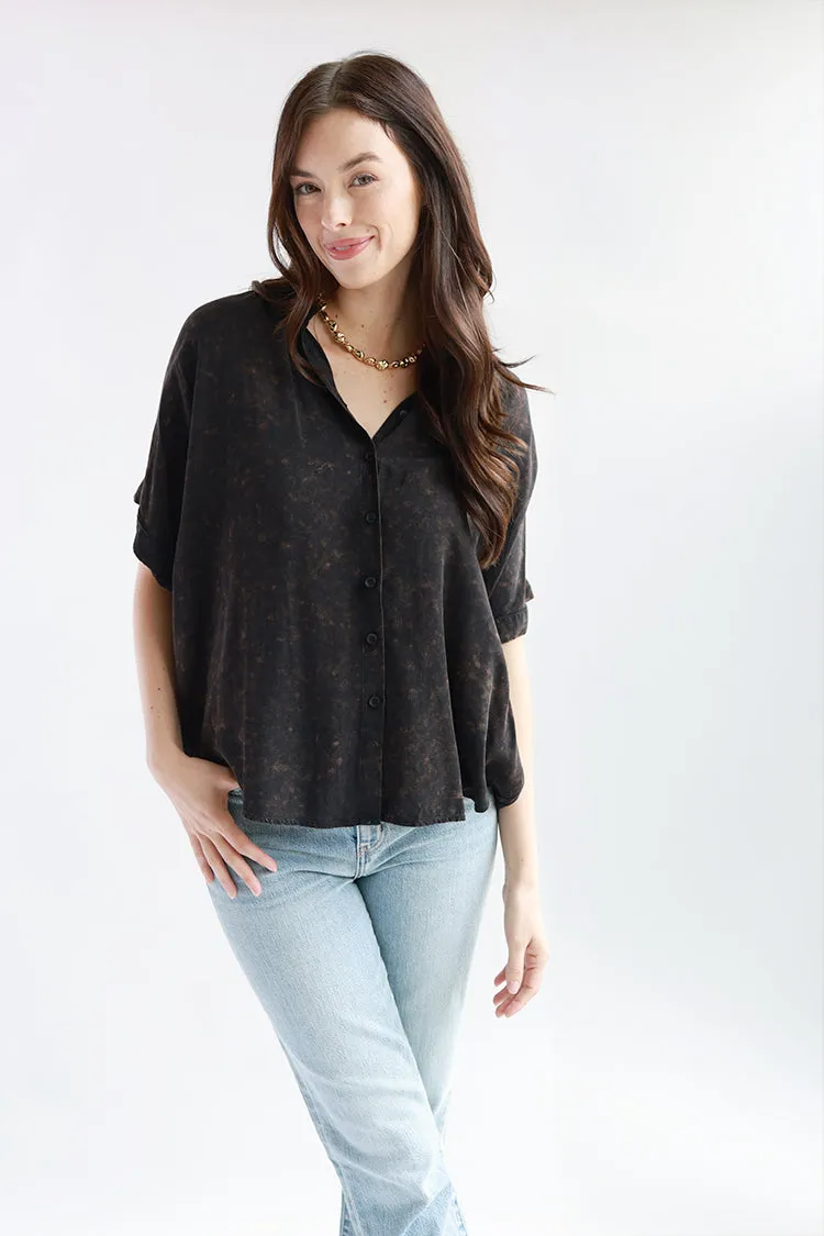 Mineral Washed Black Short Sleeve Blouse