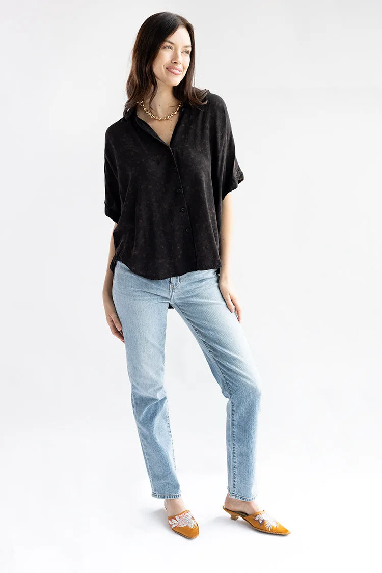 Mineral Washed Black Short Sleeve Blouse