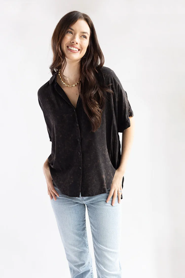 Mineral Washed Black Short Sleeve Blouse