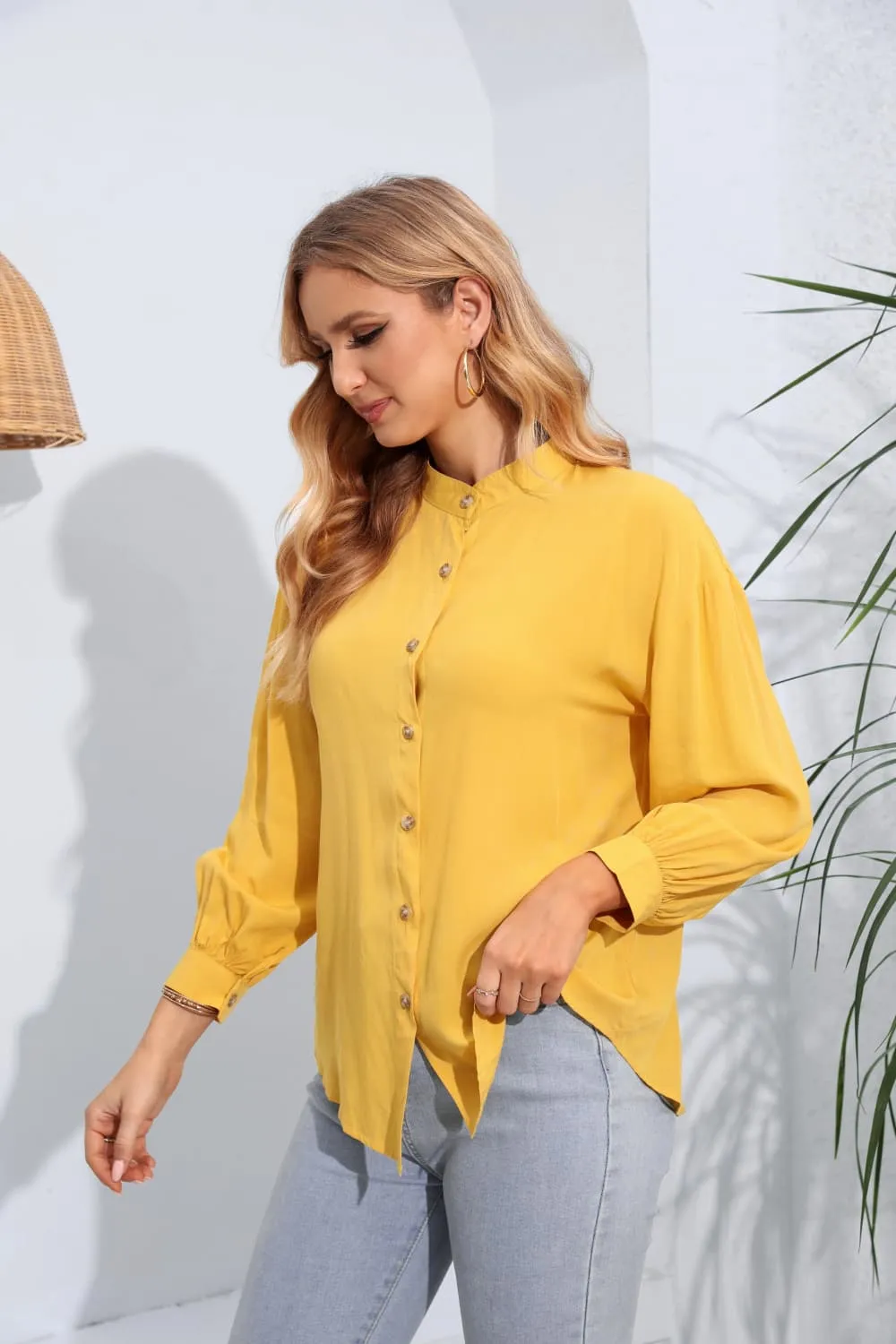 Mock Neck Buttoned Long Sleeve Shirt