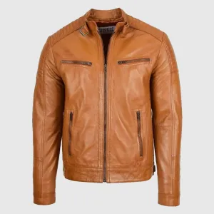 New High Quality Mens Leather Cafe Racer Biker Jacket Ron Tan