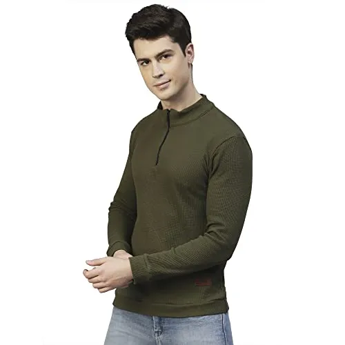 Rigo Men Olive Henley Neck Full Sleeves Waffle Knit T-Shirt