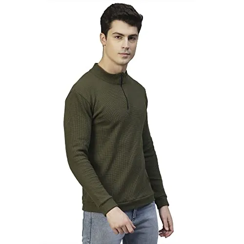 Rigo Men Olive Henley Neck Full Sleeves Waffle Knit T-Shirt