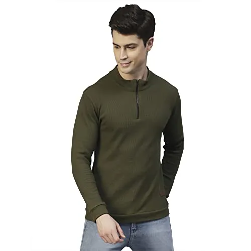 Rigo Men Olive Henley Neck Full Sleeves Waffle Knit T-Shirt