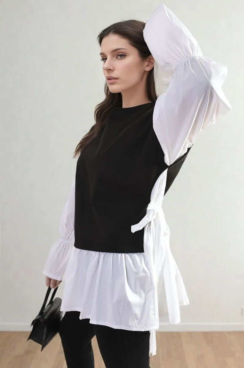 Side Tie Contrast Long Sleeve Knit Frill Top