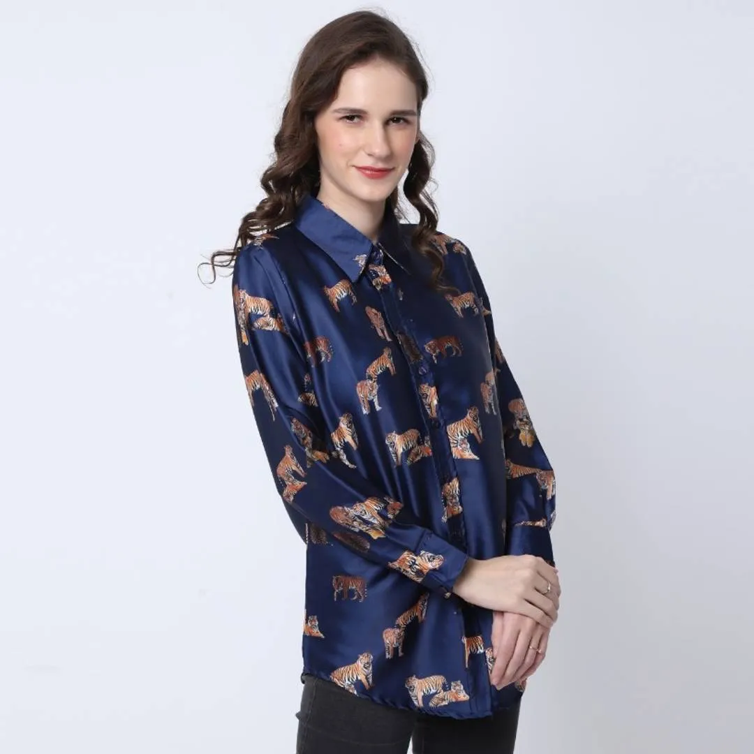 Stylish Navy Blue Satin Printed Shirts For Women