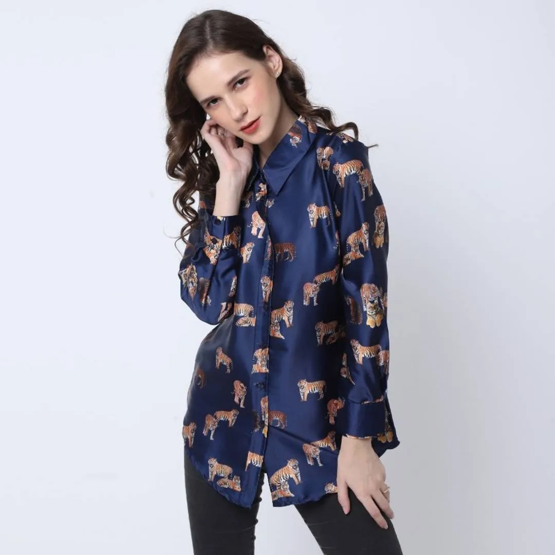 Stylish Navy Blue Satin Printed Shirts For Women