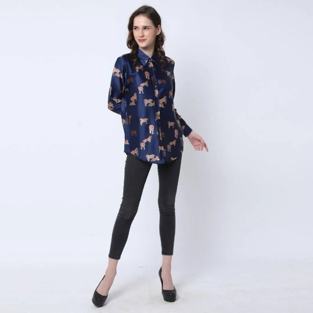 Stylish Navy Blue Satin Printed Shirts For Women