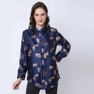 Stylish Navy Blue Satin Printed Shirts For Women