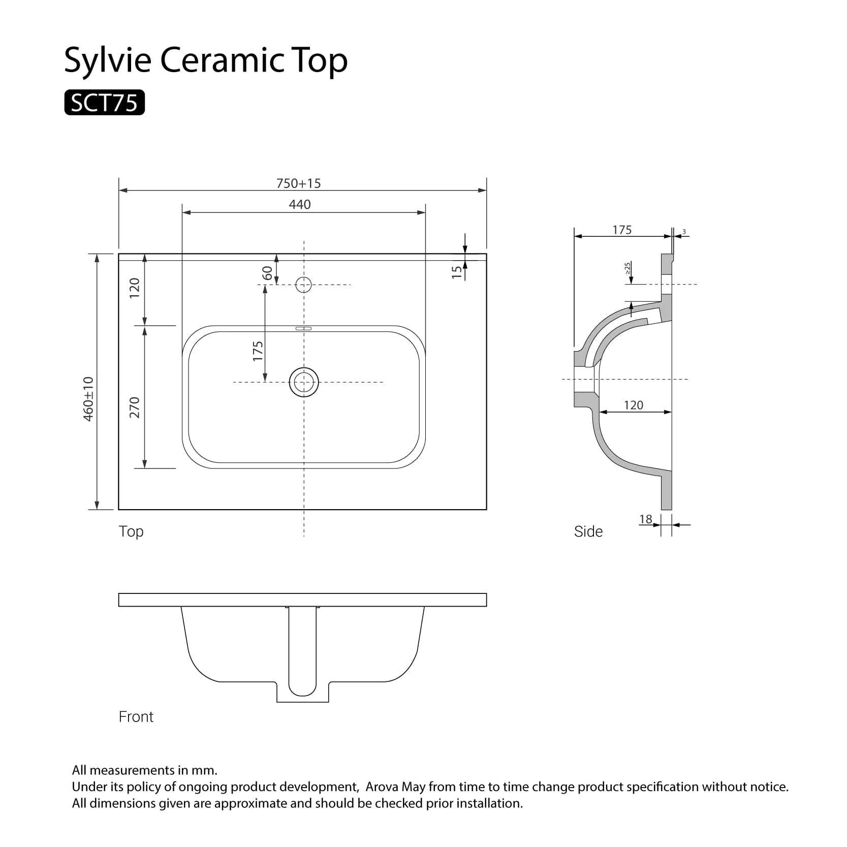 Sylvie 750mm Full Depth Ceramic Vanity Top