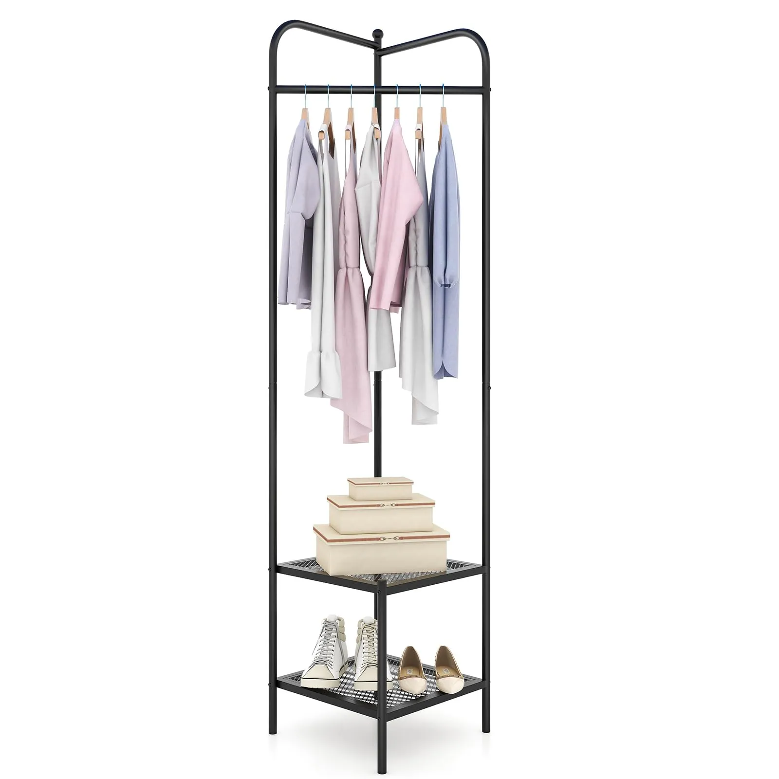 Tangkula Corner Coat Rack with Storage, Simple Hall Tree with Hanging Rod & 2 Mesh Shelves