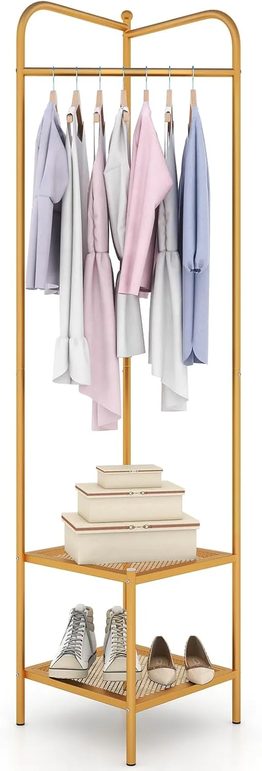 Tangkula Corner Coat Rack with Storage, Simple Hall Tree with Hanging Rod & 2 Mesh Shelves